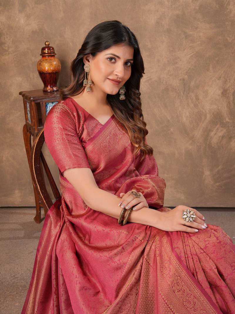 maroon silk blend floral woven zari design saree with blouse piece 