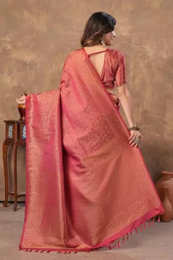 maroon silk blend floral woven zari design saree with blouse piece 