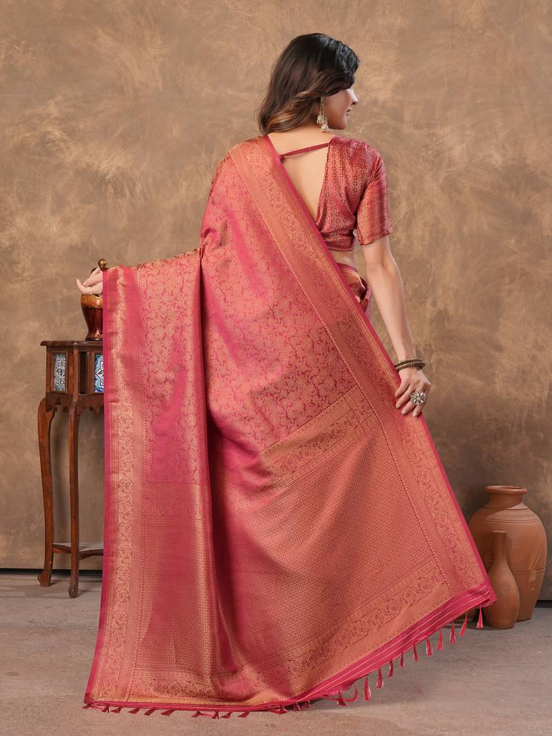 maroon silk blend floral woven zari design saree with blouse piece 