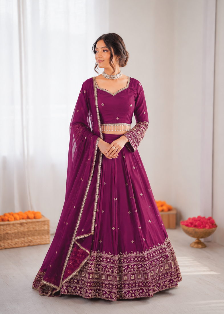 purple jatan silk thread sequin lehenga choli set
