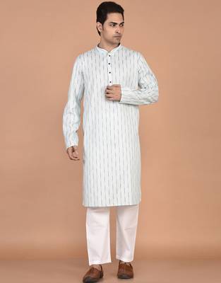 Men's woven design mandarin collar cotton straight kurta 1