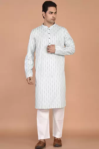 Men's woven design mandarin collar cotton straight kurta