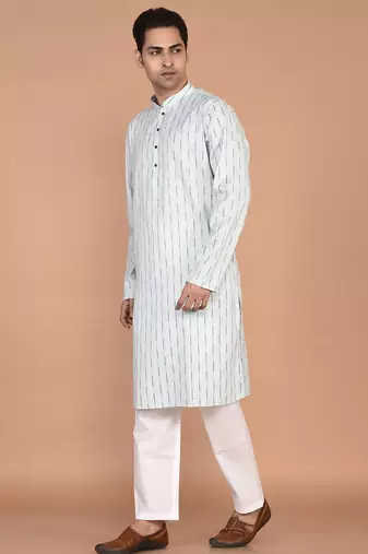 Men's woven design mandarin collar cotton straight kurta