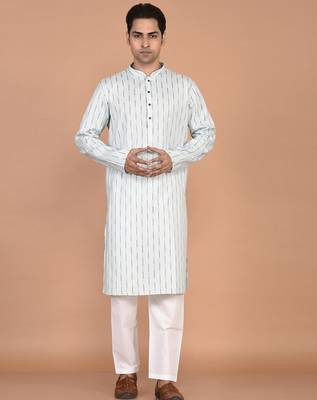 Men's woven design mandarin collar cotton straight kurta 4