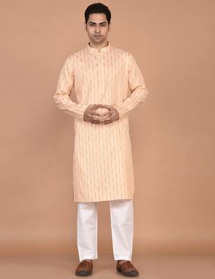Men's woven design mandarin collar cotton straight kurta 1