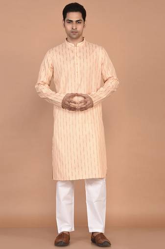 Men's woven design mandarin collar cotton straight kurta