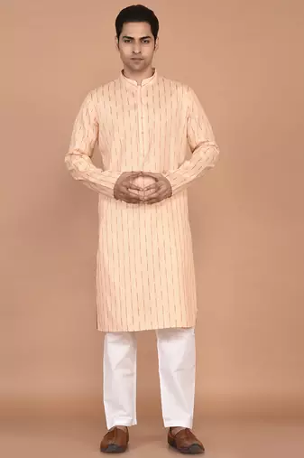Men's woven design mandarin collar cotton straight kurta