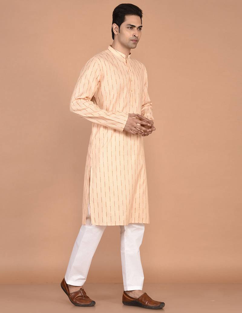 Men's woven design mandarin collar cotton straight kurta