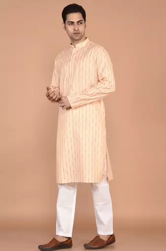 Men's woven design mandarin collar cotton straight kurta