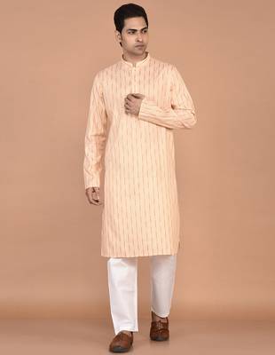 Men's woven design mandarin collar cotton straight kurta 4