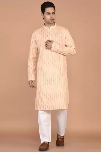Men's woven design mandarin collar cotton straight kurta
