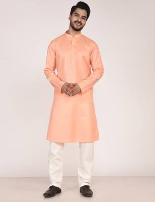 Men's woven design mandarin collar cotton straight kurta 1