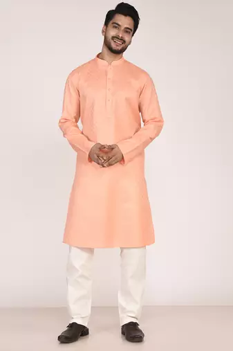 Men's woven design mandarin collar cotton straight kurta
