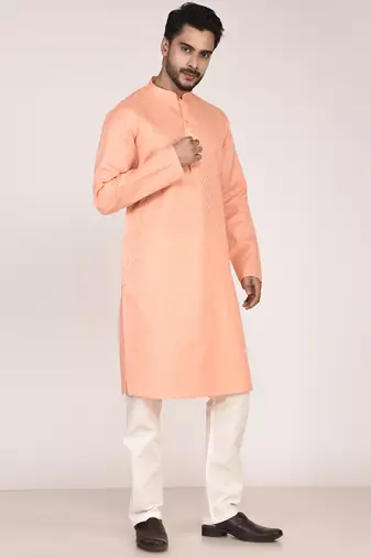 Men's woven design mandarin collar cotton straight kurta