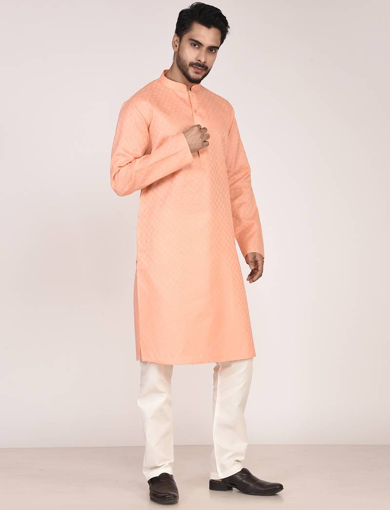 Men's woven design mandarin collar cotton straight kurta