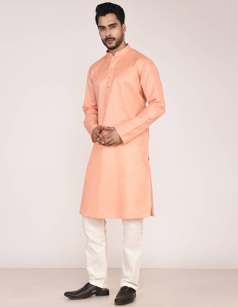 Men's woven design mandarin collar cotton straight kurta