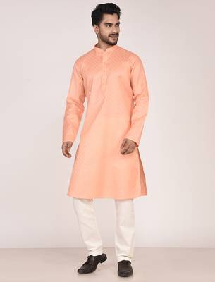 Men's woven design mandarin collar cotton straight kurta 4