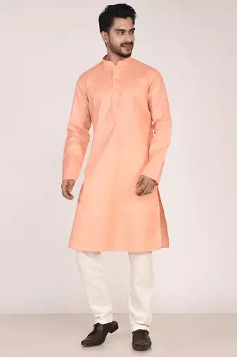 Men's woven design mandarin collar cotton straight kurta