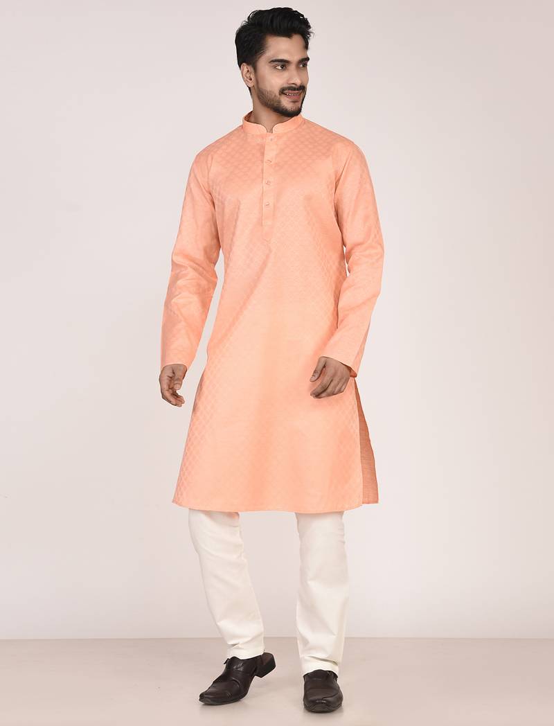 Men's woven design mandarin collar cotton straight kurta