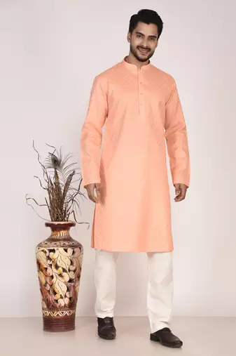 Men's woven design mandarin collar cotton straight kurta