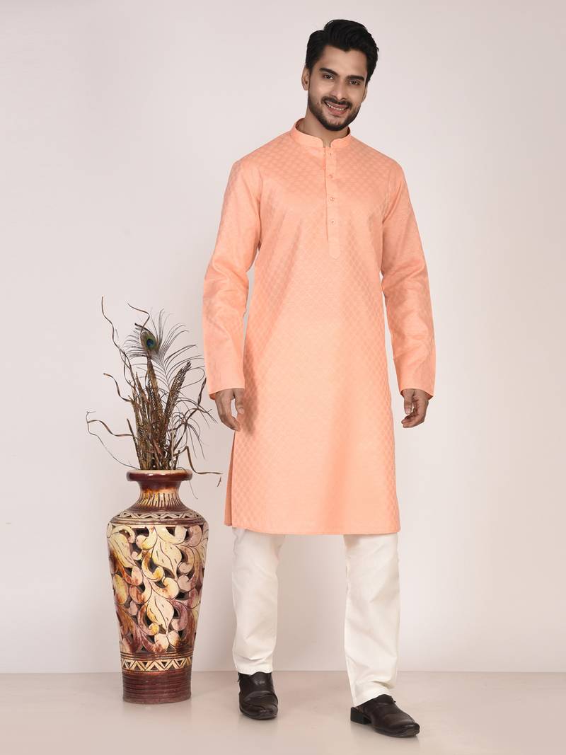 Men's woven design mandarin collar cotton straight kurta