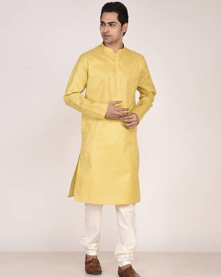 Men's woven design mandarin collar cotton straight kurta 1