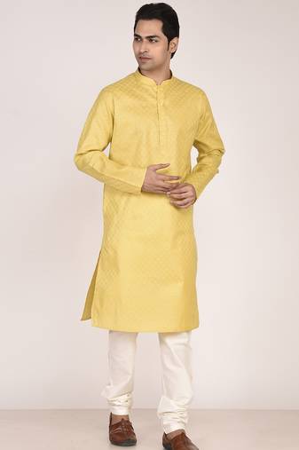 Men's woven design mandarin collar cotton straight kurta