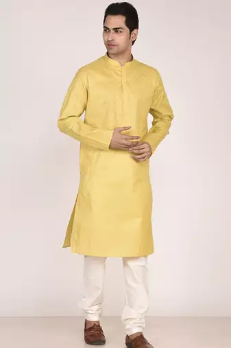 Men's woven design mandarin collar cotton straight kurta