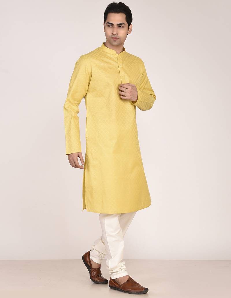 Men's woven design mandarin collar cotton straight kurta