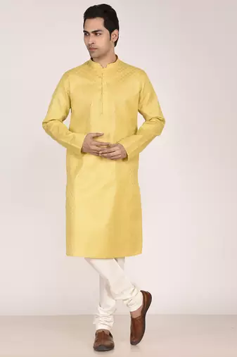 Men's woven design mandarin collar cotton straight kurta