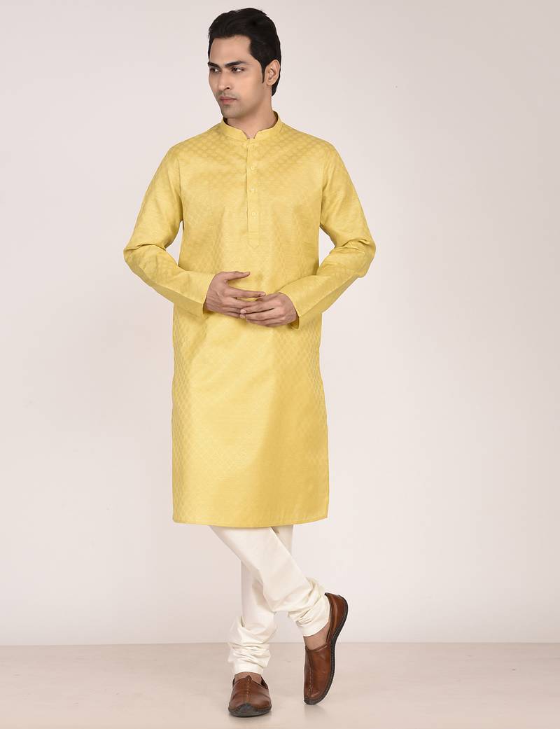 Men's woven design mandarin collar cotton straight kurta