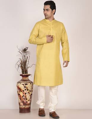 Men's woven design mandarin collar cotton straight kurta 5