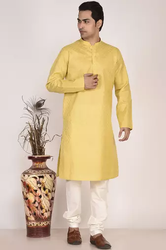 Men's woven design mandarin collar cotton straight kurta