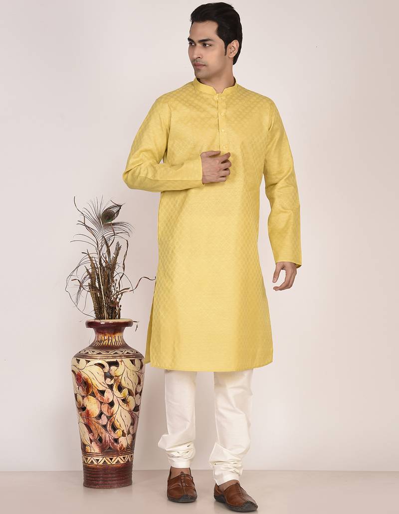 Men's woven design mandarin collar cotton straight kurta