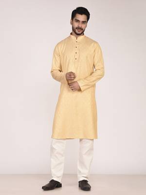 Men's woven design mandarin collar cotton straight kurta 1