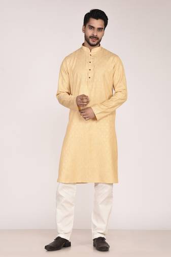 Men's woven design mandarin collar cotton straight kurta