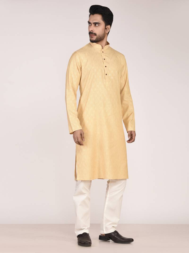 Men's woven design mandarin collar cotton straight kurta