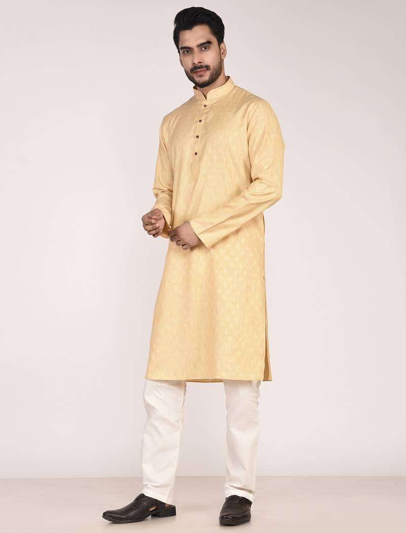 Men's woven design mandarin collar cotton straight kurta