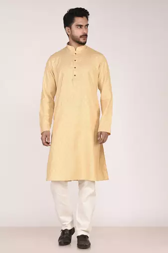 Men's woven design mandarin collar cotton straight kurta