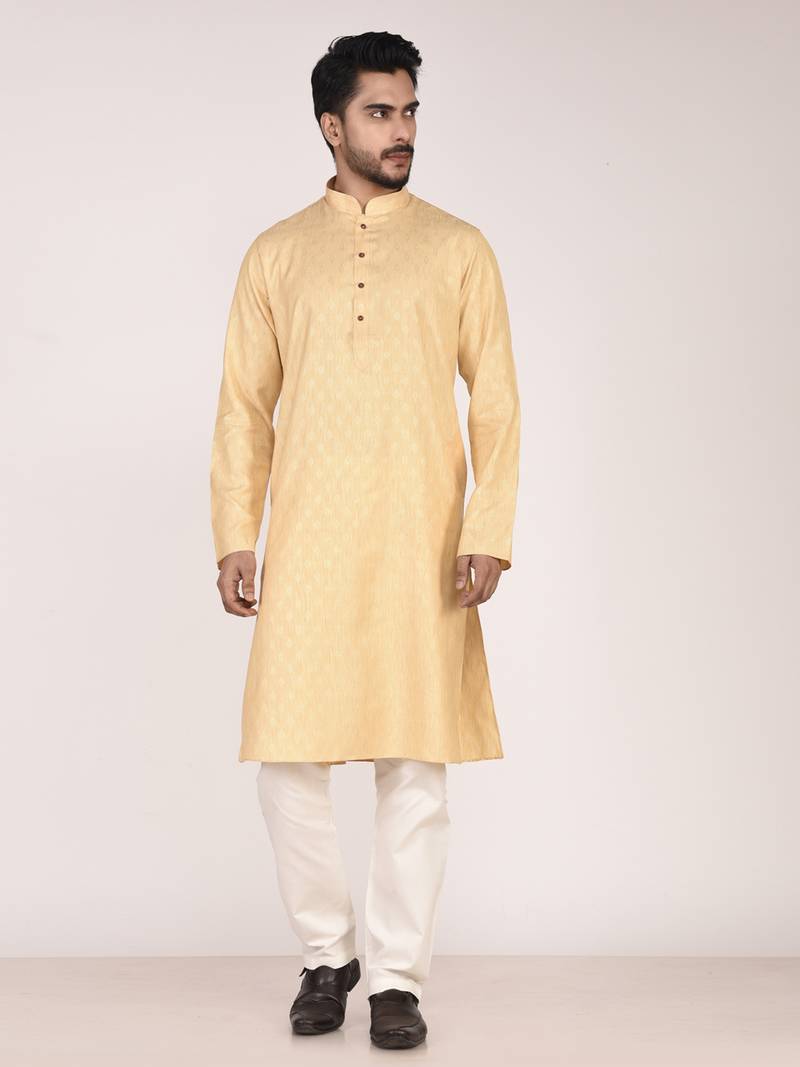 Men's woven design mandarin collar cotton straight kurta