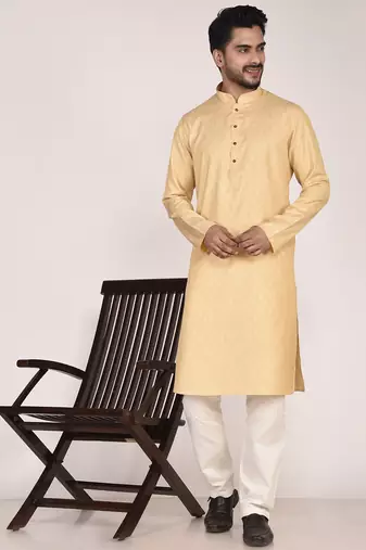 Men's woven design mandarin collar cotton straight kurta