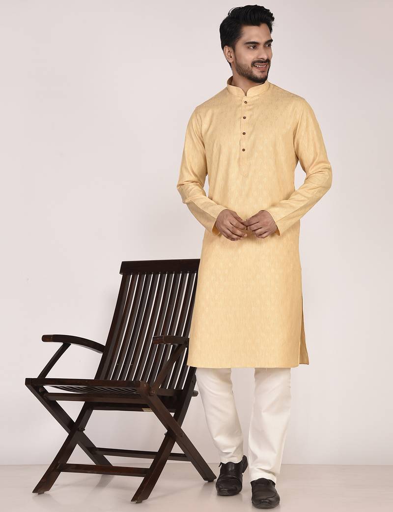 Men's woven design mandarin collar cotton straight kurta