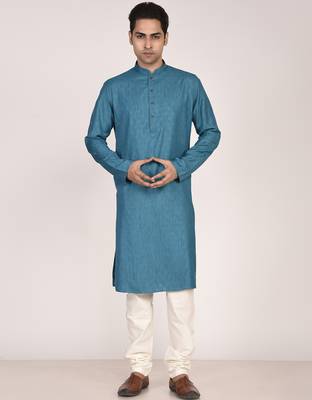 Men's woven design mandarin collar cotton straight kurta 1