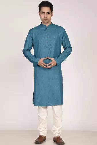 Men's woven design mandarin collar cotton straight kurta