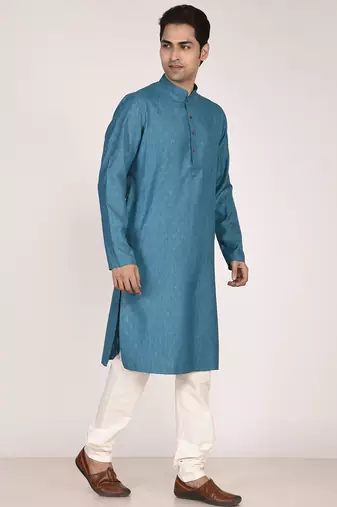 Men's woven design mandarin collar cotton straight kurta