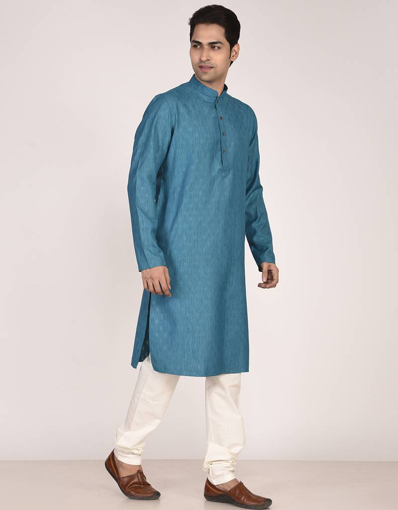 Men's woven design mandarin collar cotton straight kurta