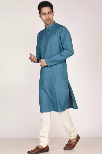 Men's woven design mandarin collar cotton straight kurta