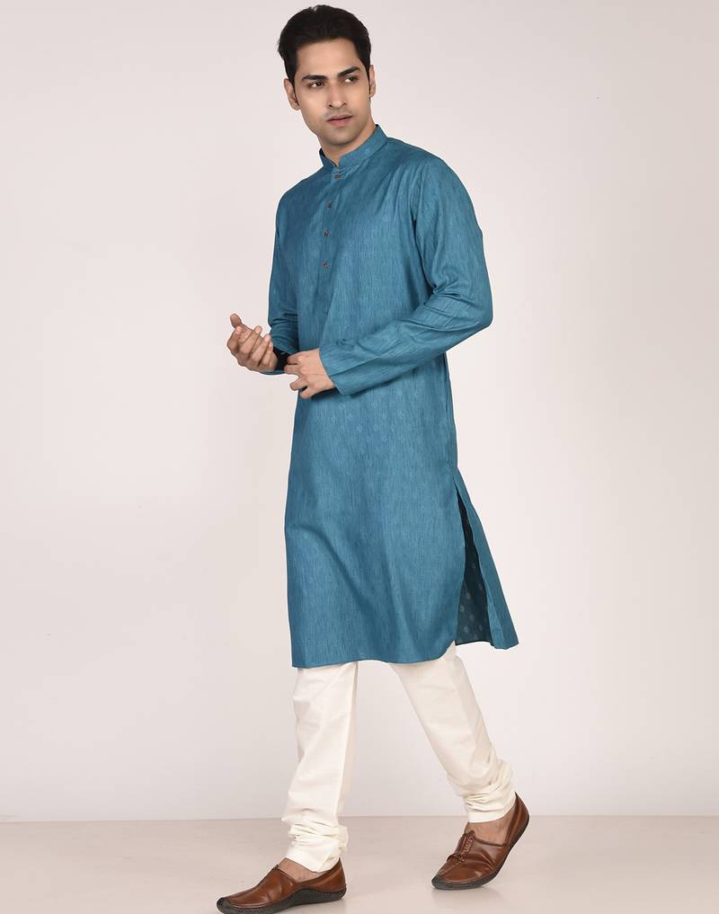 Men's woven design mandarin collar cotton straight kurta