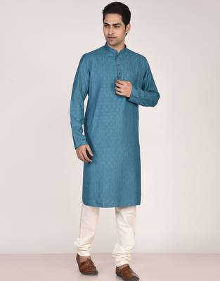 Men's woven design mandarin collar cotton straight kurta 4