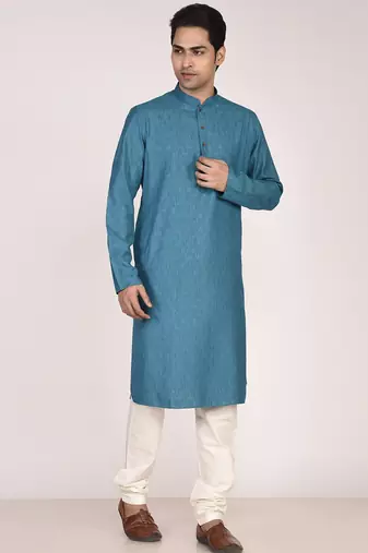 Men's woven design mandarin collar cotton straight kurta